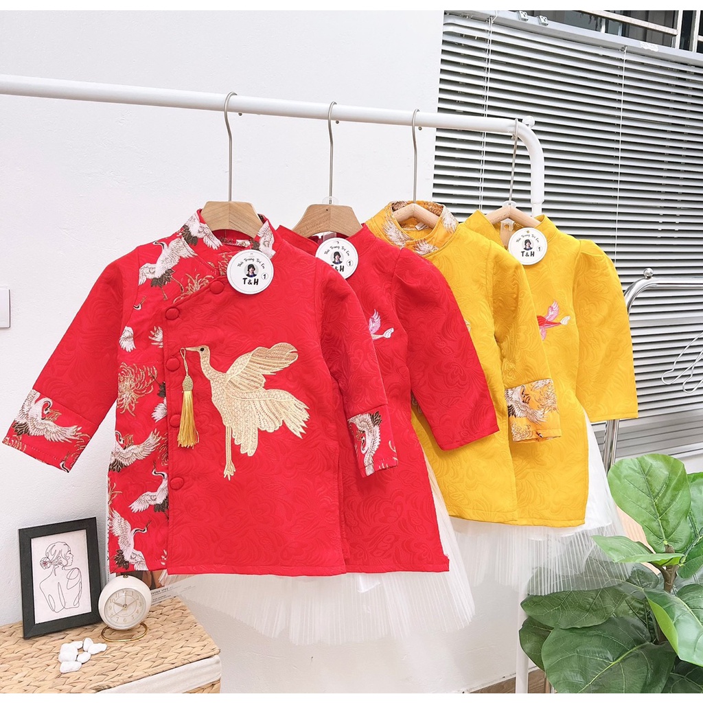 (8-20kg)Set áo dài cách tân gấm đỏ phối hoa văn cho bé trai và gái diện Tết(ảnh thật)