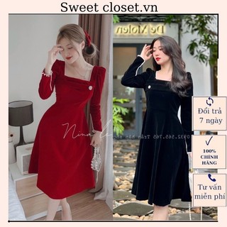 Váy Nhung Đỏ Mặc Tết Cổ Vuông Viền Ngọc Dáng Dài