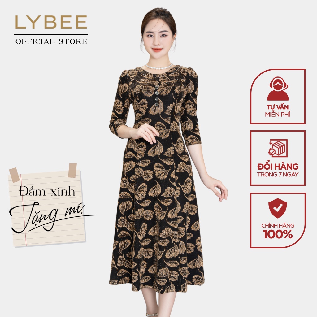 Đầm trung niên nữ thiết kế LYBEE LV809 cổ tròn thời trang cho mẹ chất thun kim sa ánh nhũ co giãn cao cấp