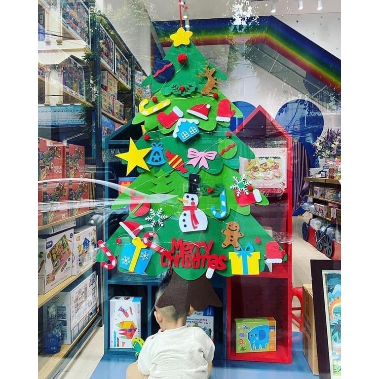 Cây Thông Noel Vải Dạ Treo Tường Kèm Đèn Led Phát Sáng, Đồ Trang Trí Noel Vải Dạ Gồm 42 Chi Tiết, Cao 100cm