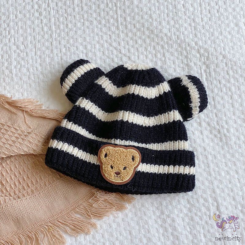 Mũ Dệt Kim Kẻ Sọc In Hình Gấu Hoạt Hình Vui Nhộn Phong Cách Hàn Quốc Cho Bé Trai Và Gái