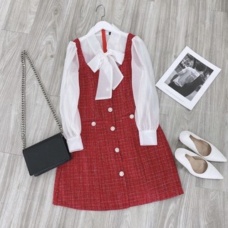 [Ảnh thật + video] Đầm dạ tweed đỏ phối tơ
