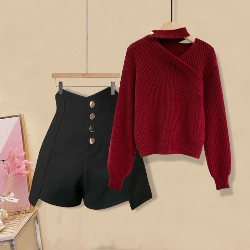 Plus Bộ Áo Sweater Dáng Ôm Phối Quần Short Lưng Cao Kiểu Hàn Quốc Thời Trang Mùa Thu 2022 Cho Nữ