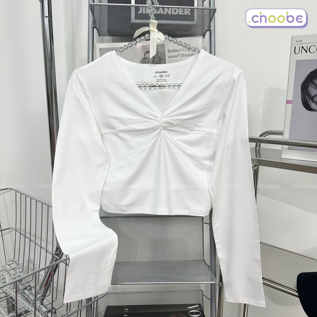 Áo croptop tay dài nữ Choobe kiểu xoắn ngực vải thun cotton co giãn tốt ôm body kiểu cá tính A80