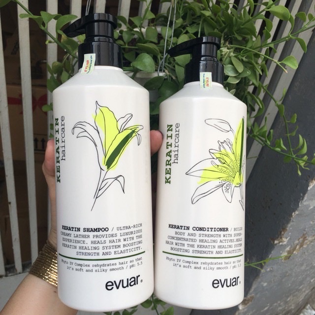 Cặp Dầu Gội Xả KERATIN EVUAR 758ml. Phục Hồi Tóc Hư Tổn, Chống Rụng Và Kích Thích Mọc Tóc.Hàng Chính Hãng