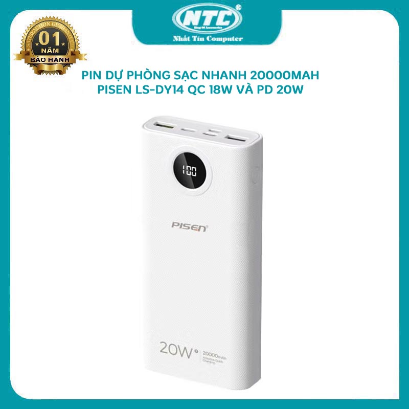 Pin dự phòng sạc nhanh PISEN Quick LS-DY14 dung lượng 20000mAh - Hỗ trợ QC 18W và PD 3.0 20W (trắng) Nhất Tín Computer