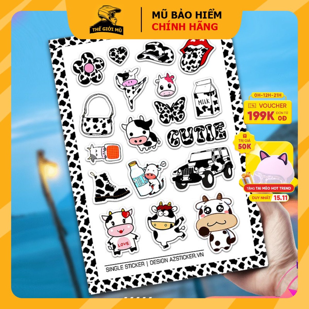 Sticker bò sữa siêu cute dán mũ bảo hiểm, sách, vali, laptop chống nước