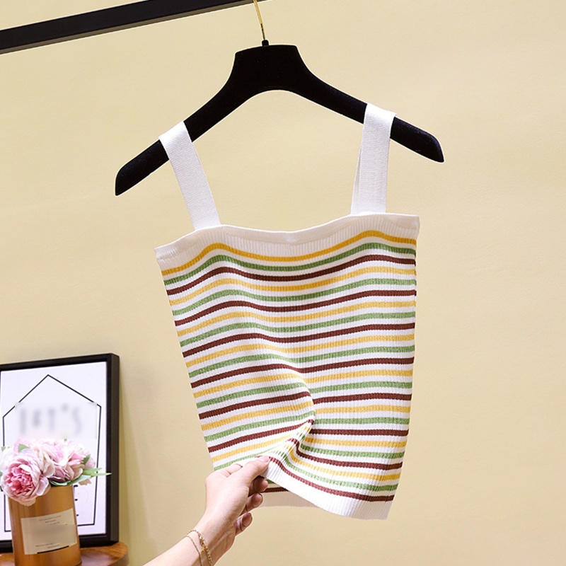 Brroa Áo Croptop Dệt Kim Hai Dây Bản Rộng Kẻ Sọc Cầu Vồng Mùa Hè Hàn Quốc Cho Nữ Sw