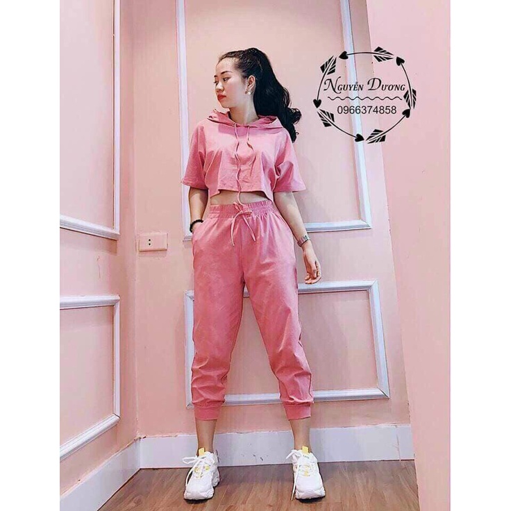 (Sale FreeShip) Sét bộ thể thao nữ,bộ thun da cá from croptop tay ngắn có nón,quần ống bo có túi
