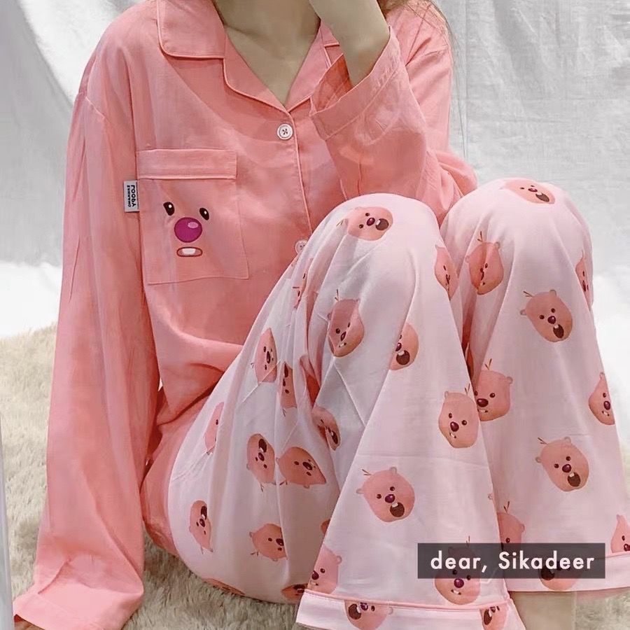 Fds korean pink beaver pyjamas for women in spring and autumn, quần dài tay rời, two-piece home clothing xbvy