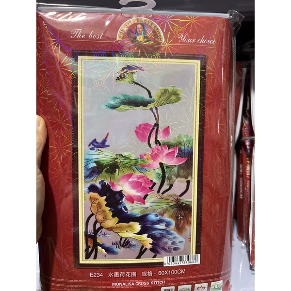 tranh thêu chữ thập hoa sen e234 (60x 100) cm