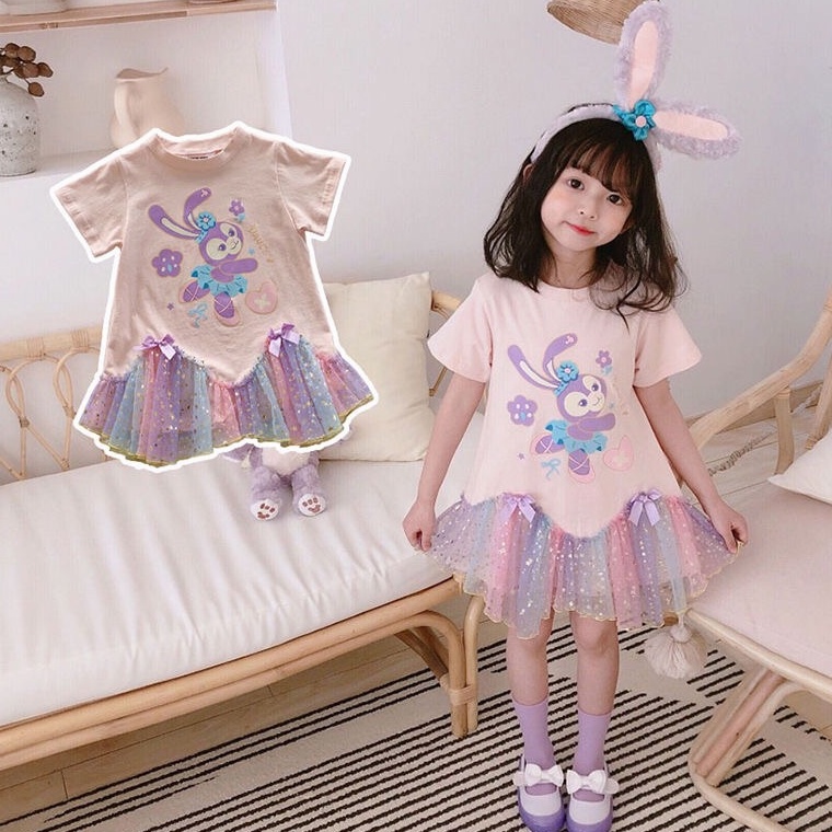 Đầm Công Chúa Tay Ngắn Phối Lưới In Họa Tiết Hoạt Hình Xinh Xắn Cho Bé Gái Từ 1-6 Tuổi / 1-6 Tuổi Star Dailu Cartoon ngắn tay áo gradient sợi đầm