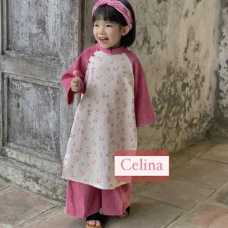 Áo Dài Bé Gái CELINA D05 Áo Dài Cách Tân Cho Bé Gái Thiết Kế Cổ Tàu Chất Liệu Nhung Tăm Cao Cấp Hoạ Tiết Hoa Xinh Xắn