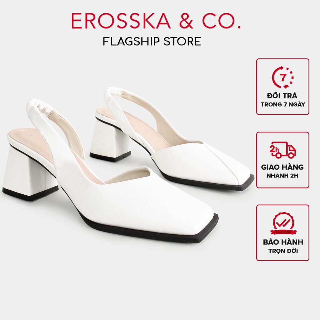 Erosska - Giày cao gót nữ 2022 mũi vuông dây quai mảnh nhún sau màu trắng 6cm - EL027