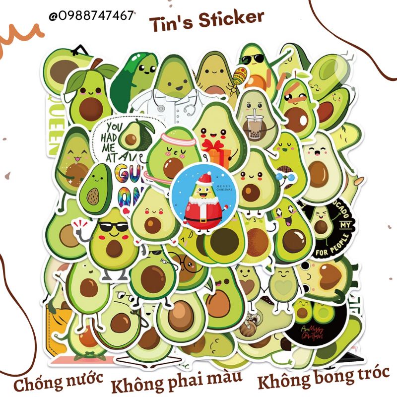 Set combo 50 miếng dán sticker quả bơ cute Avocado chống thấm nước dán nón mũ bảo hiểm laptop xe máy đàn guitar sổ sách