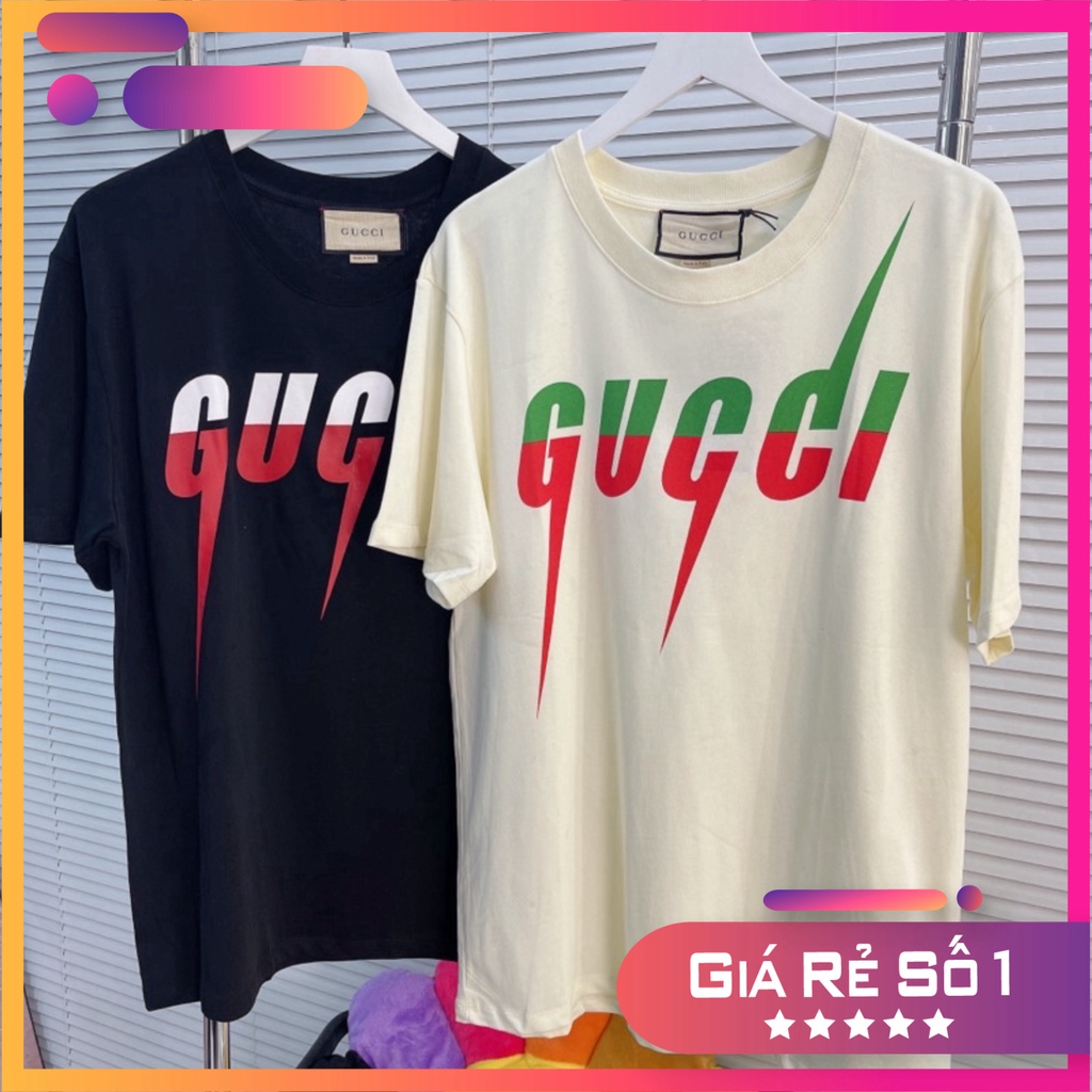 Áo thun gucci chữ đỏ xanh nam nữ form unisex thoáng mát, Áo phông đôi đen trắng Free Ship