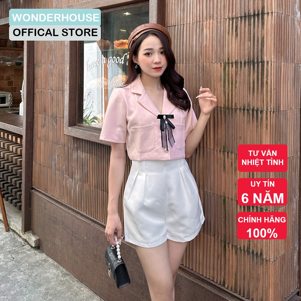 Áo sơ mi Wonderhouse cổ Vest tay ngắn croptop vải 2 lớp đi làm, dạo phố sang chảnh, nữ tính - Lita shirt