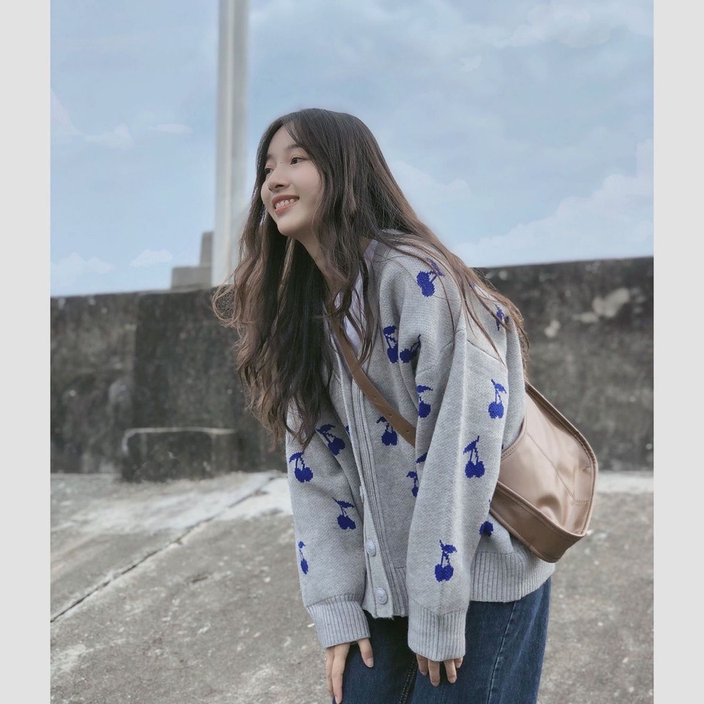 Cardigan họa tiết cherry anh đào màu / xanh biển chất mịn