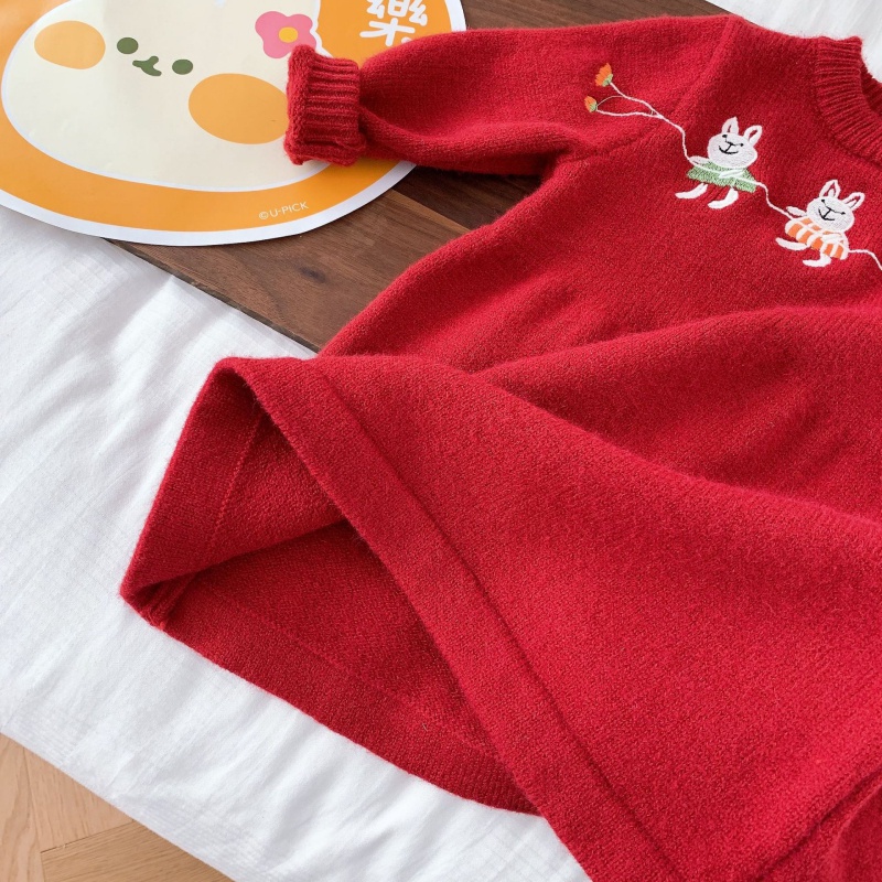 Áo Sweater Dệt Kim Dáng Chữ A Thêu Hình Chú Thỏ Dễ Thương Phong Cách Hàn Quốc Thời Trang Năm Mới Cho Bé Gái