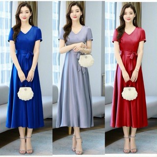 Đầm maxi dài đủ màu xòe cổ v thắt eo