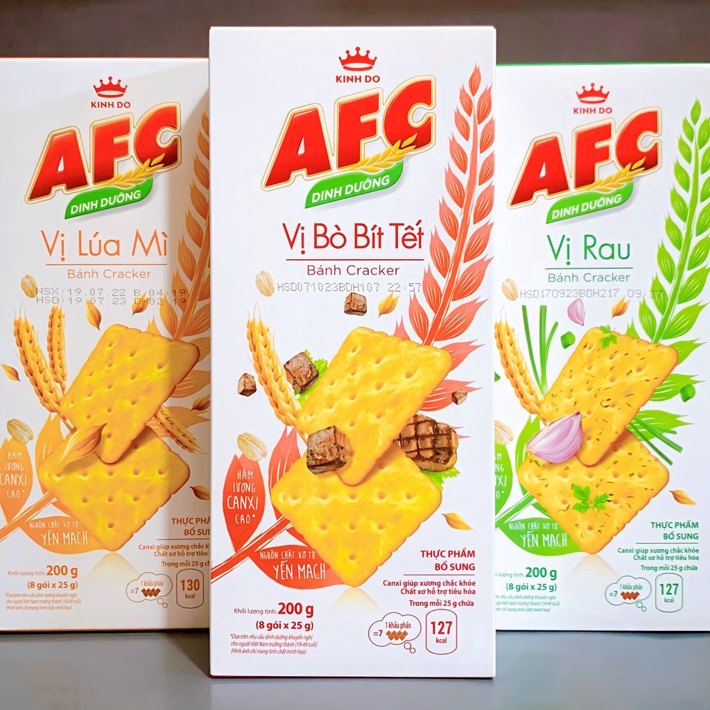Bánh Quy AFC Mặn Vị Rau/ Lúa Mì/ Bò Bít Tết Hộp 193,8g , Bánh Cracker Mặn Kinh Đô