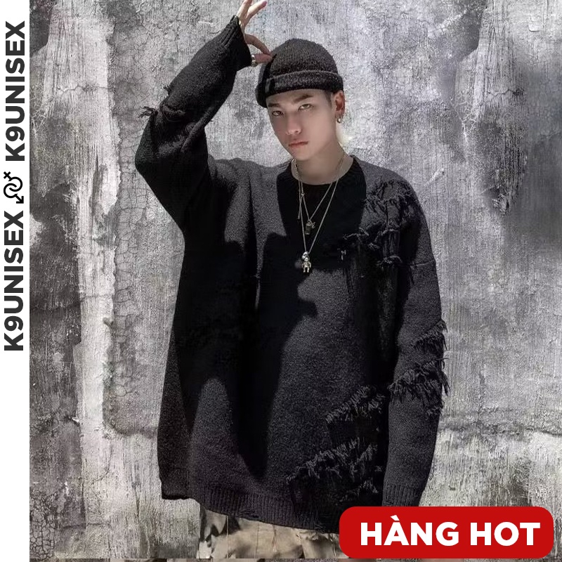 Áo len nam nữ unisex form rộng xé nghệ thuật, áo sweater unisex cổ tròn cá tính phong cách đường phố 9903