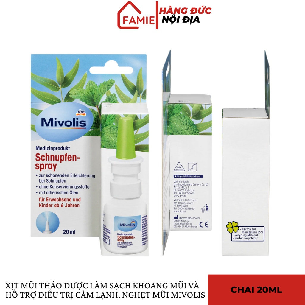 Xịt mũi thảo dược giúp giảm cảm lạnh, nghẹt mũi Mivolis, chai 20ml - Hàng Đức