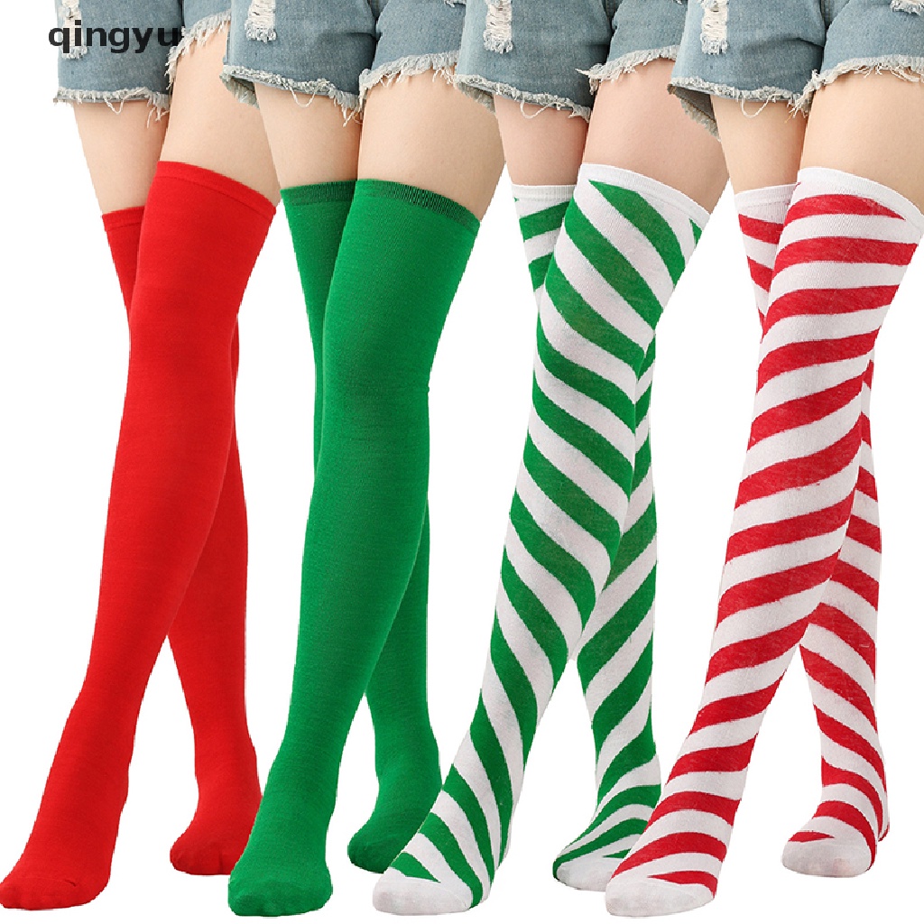 Vớ Dài Qua Gối Họa Tiết Sọc Trang Trí Giáng Sinh Cho Nữ