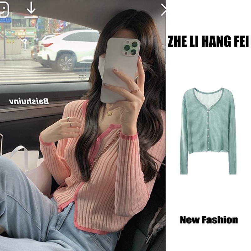 Áo cardigan ZHELIHANGFEI dệt kim tay dài cổ chữ V lưng cao dáng ôm dễ phối đồ sành điệu