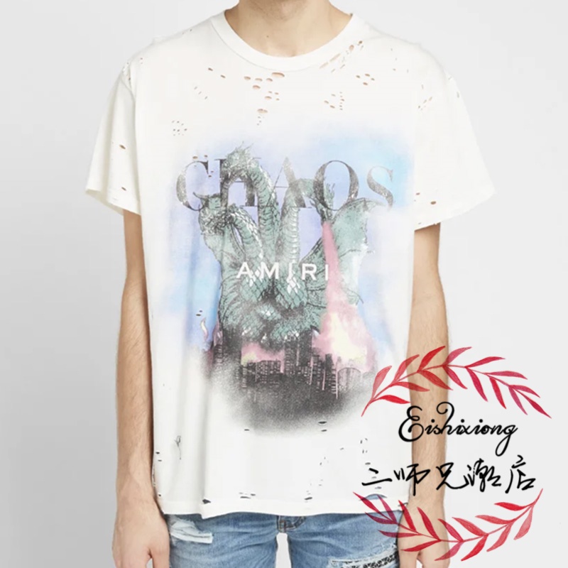 Amiri Chaos Kidora Áo Thun cotton Ba Đầu Tay Ngắn Cổ Tròn In Hình Khủng Long Thời Trang Thoải Mái