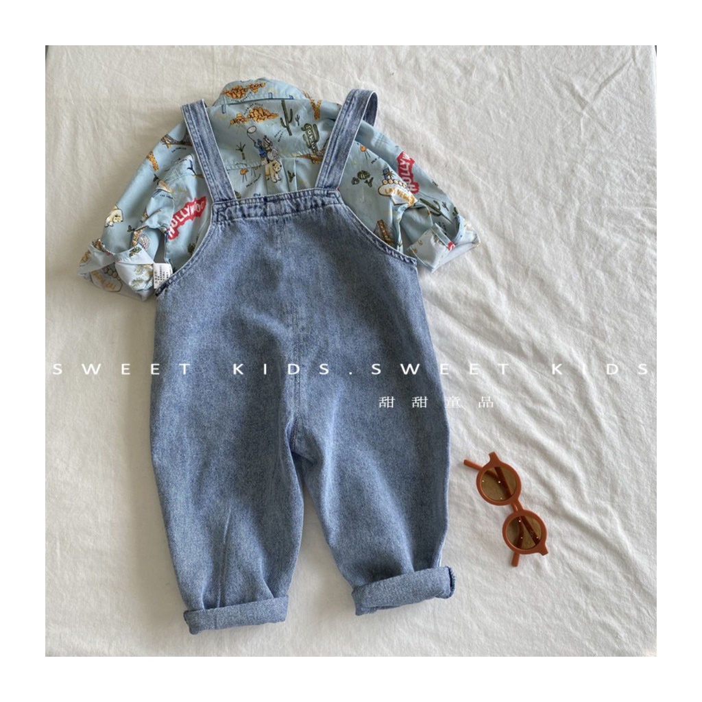 Bộ Áo Sơ Mi Phối Quần Yếm Denim Dáng Rộng Thời Trang Mùa Xuân Hàn Quốc Cho Bé Trai