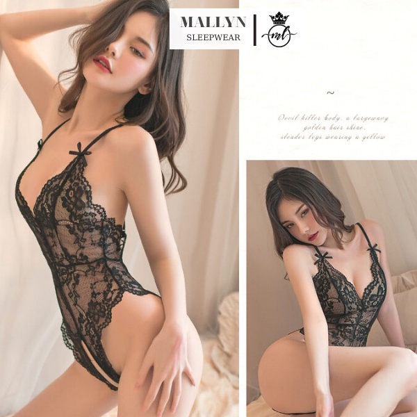 Đồ ngủ bodysuit sexy MALLYN chất ren mềm mịn, xẻ đáy siêu quyến rũ trắng,đen Freesize ML8479