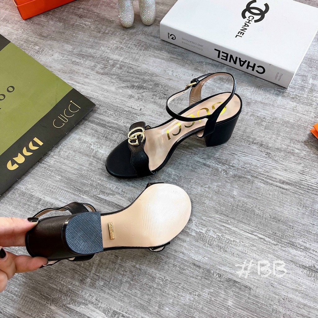 Sandal nữ quai ngang viền đen lượn sóng tag GG gót trụ Nguyên hộp hãng cao cấp