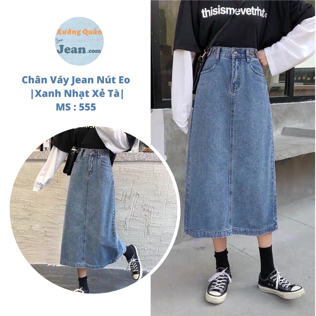 Chân Váy Jean Dài Midi Xẻ Tà Sau Lưng Cao Phối Nút Eo, Chân Váy Bò Dài Cạp Cao Xanh Nhạt Cực Xinh 554 537 555 | BigBuy360 - bigbuy360.vn