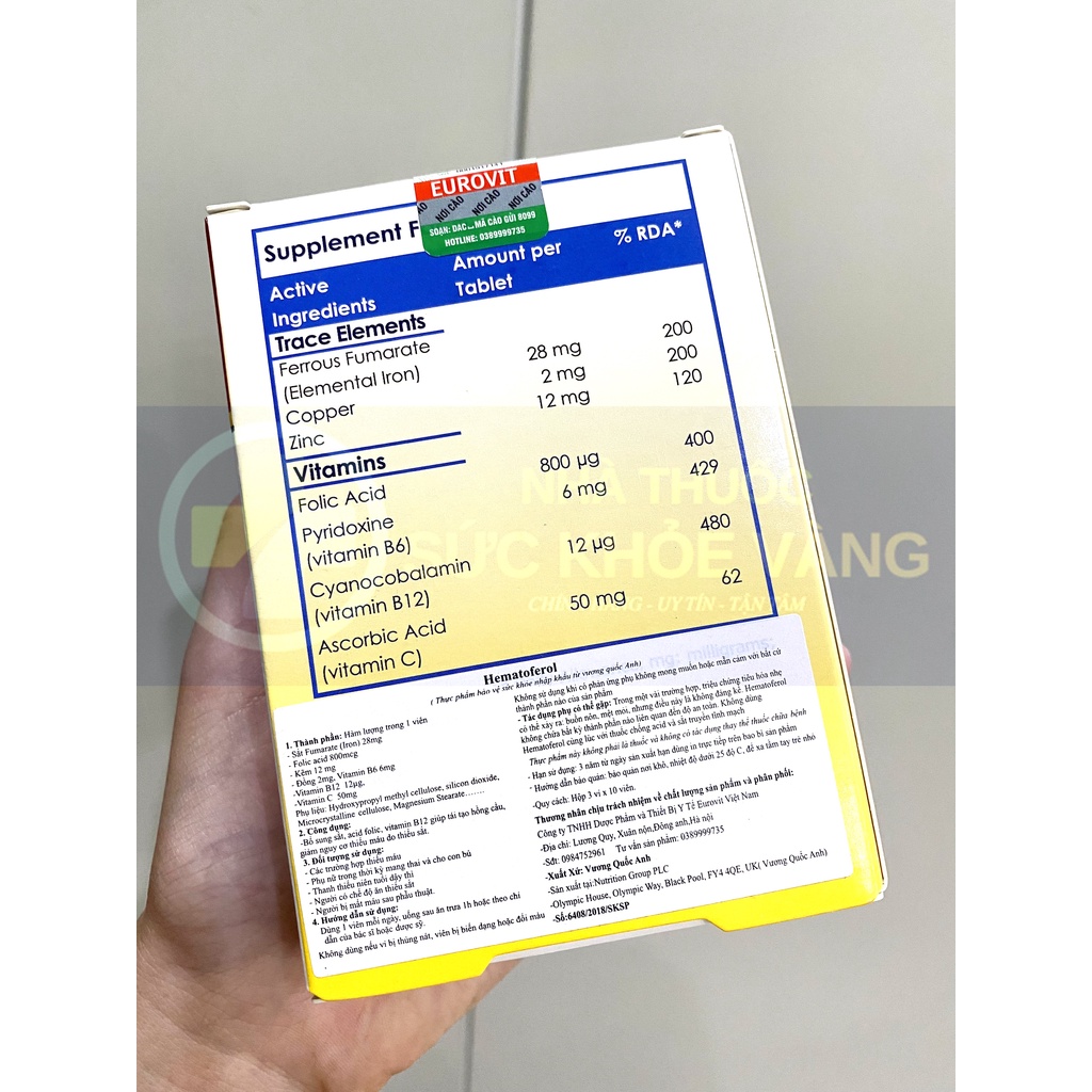 HEMATOFEROL - Viên Uống Bổ Sung Sắt, Acid Folic Cho Mẹ Và Bé (Hộp 30 viên)