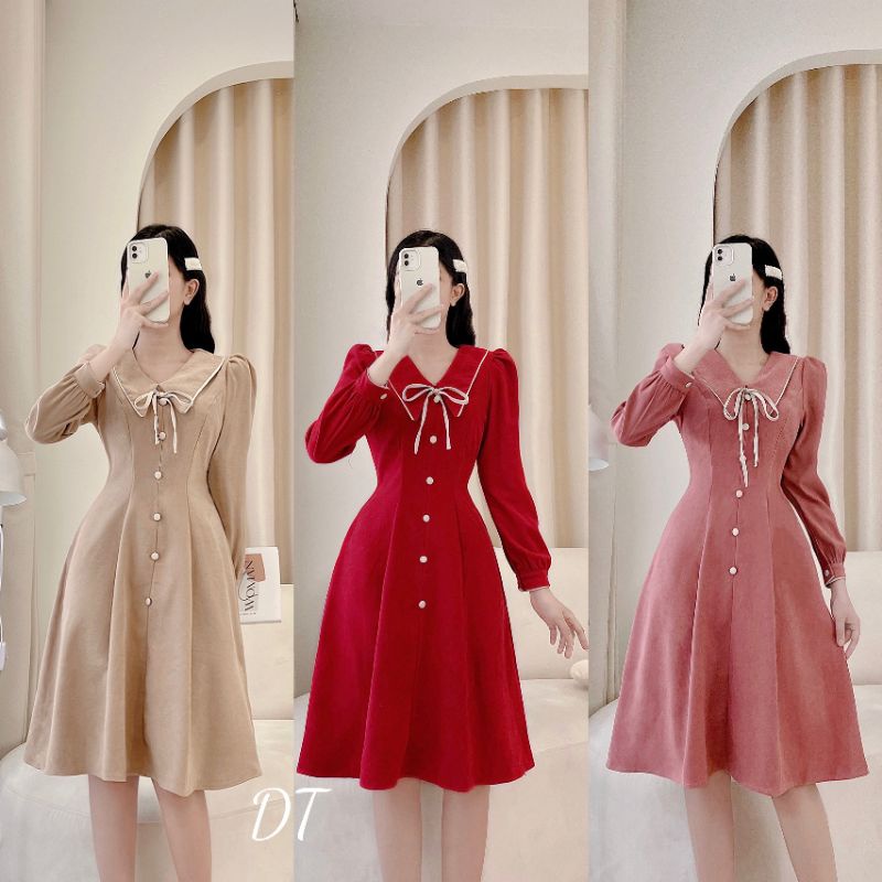 váy nhung tăm cổ sen