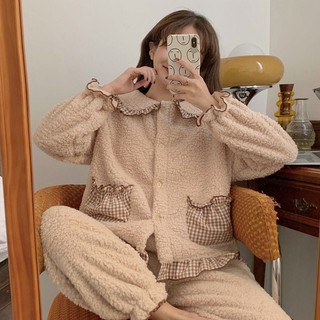 Bộ mặc nhà nữ,bộ ngủ lông dài tay 2 màu mặc mùa đông siêu ấm