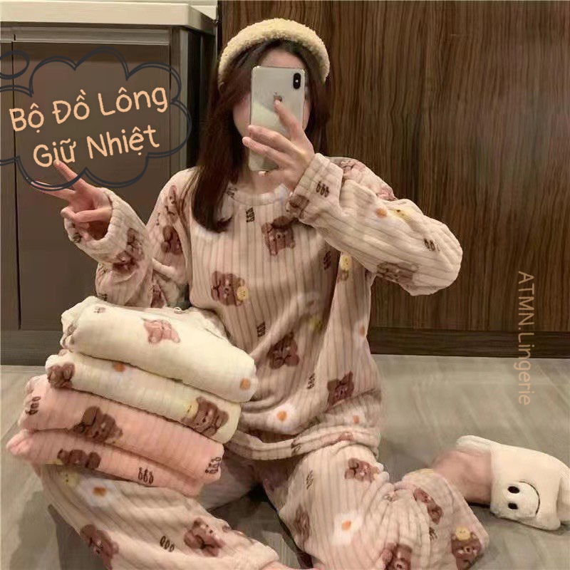 Bộ đồ lông Quảng Châu nặng 500g, Bộ ngủ lông mặc nhà nữ phong cách hàn quốc nhung lông hình gấu BLG/320