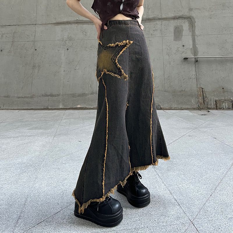Chân Váy Denim Xẻ Tà Họa Tiết Ngôi Sao Năm Cánh Phong Cách Retro Độc Đáo