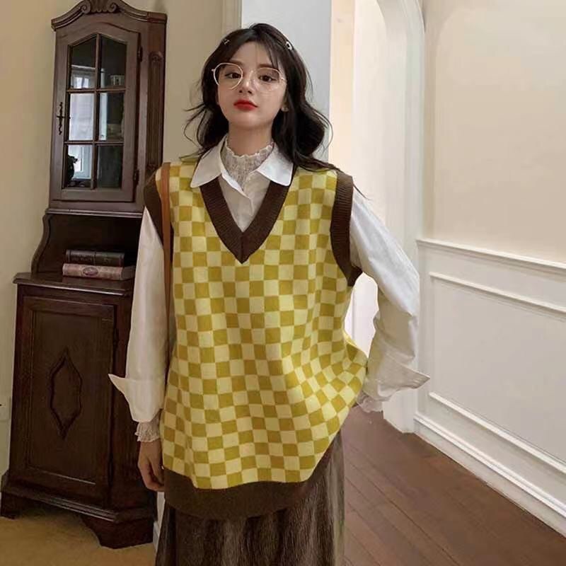 Áo Len Không Tay Dáng Rộng Họa Tiết Caro Nhỏ Mới Cho Nữ