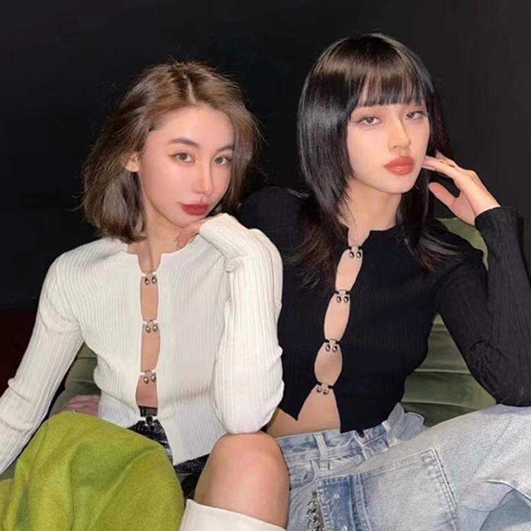 MELVILLE Áo Croptop Dệt Kim Tay Dài Dáng Ôm Phong Cách Hàn Quốc Thời Trang Quyến Rũ Cho Nữ