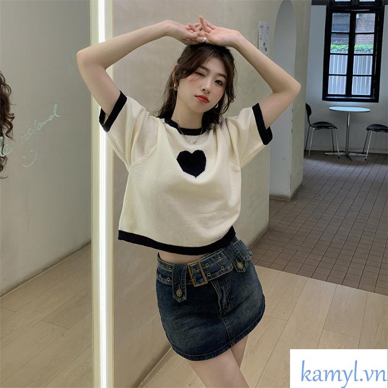 Áo Thun Dệt Kim Dáng Rộng Thời Trang Mùa Hè Cho Nữ hình trái tim Ngắn tay