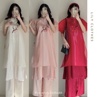 Áo dài cách tân vải tơ organza 4 tà thêu hoa ngọc