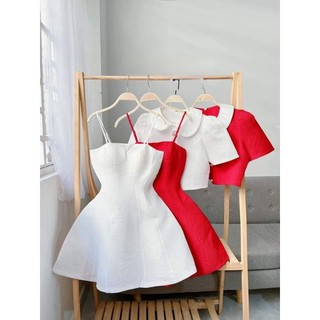 Set đầm 2 dây + khoác cổ sen