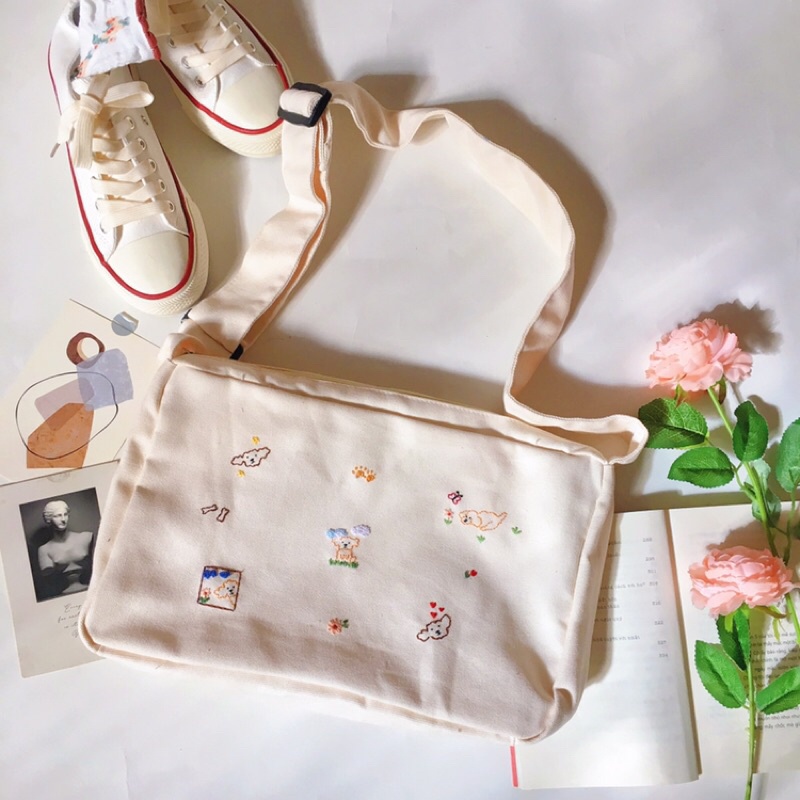 Túi Vải Canvas Đeo Chéo thêu tay hình chó con phong cách unisex