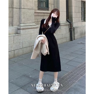 Đầm đen Xiaozhainv dáng rộng tay dài cổ V thanh lịch thời trang Hàn Quốc