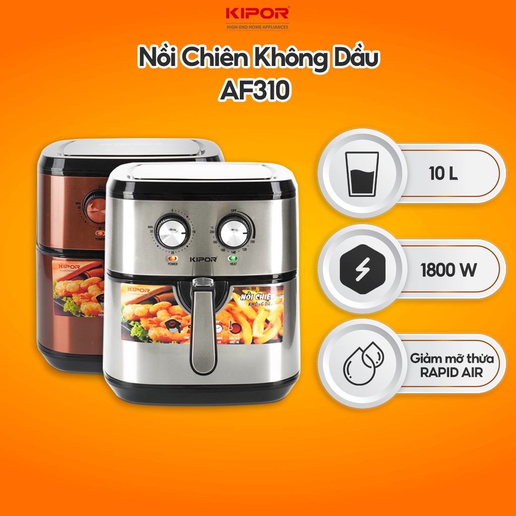 Nồi chiên không dầu KIPOR KP-AF310-10L-Điều khiển cơ RAPID AIR nướng đối lưu-chống dính-Bảo hành tại nhà 12 tháng