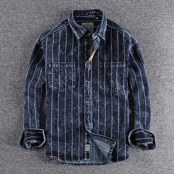 (Hàng Có Sẵn) Áo Khoác Denim Dày Dáng Rộng Họa Tiết Bông Tuyết Kẻ Sọc Dọc Kiểu Retro Mỹ Cho Nam