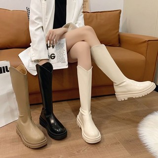 Bốt cổ v lót lông emy boost đùi nữ da mềm đế bệt cao 5cm