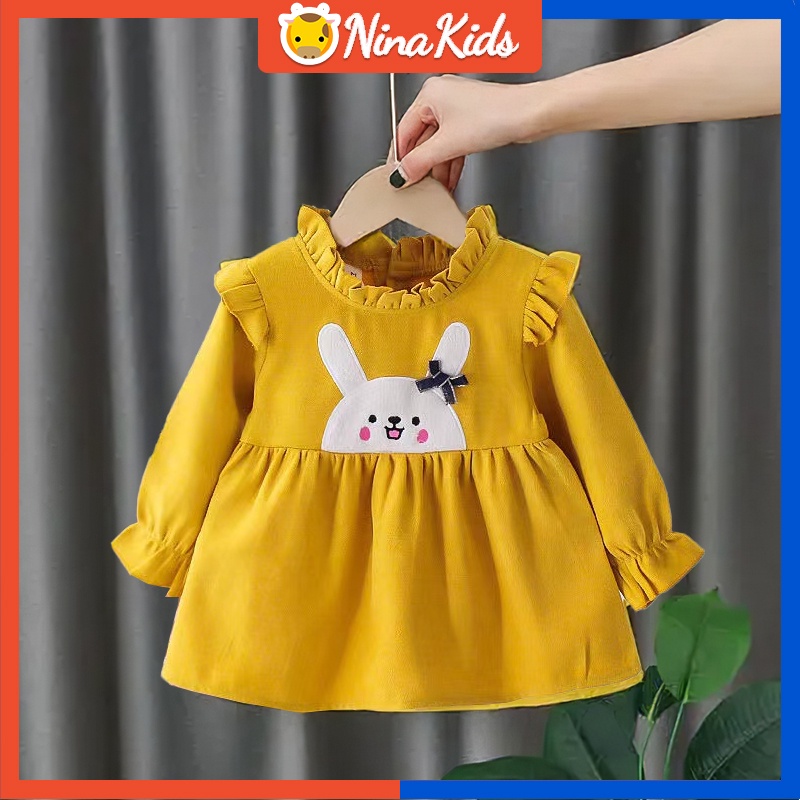 Đầm công chúa bằng cotton tay dài thêu hình thỏ thời trang xuân thu cho bé gái 0-4 tuổi